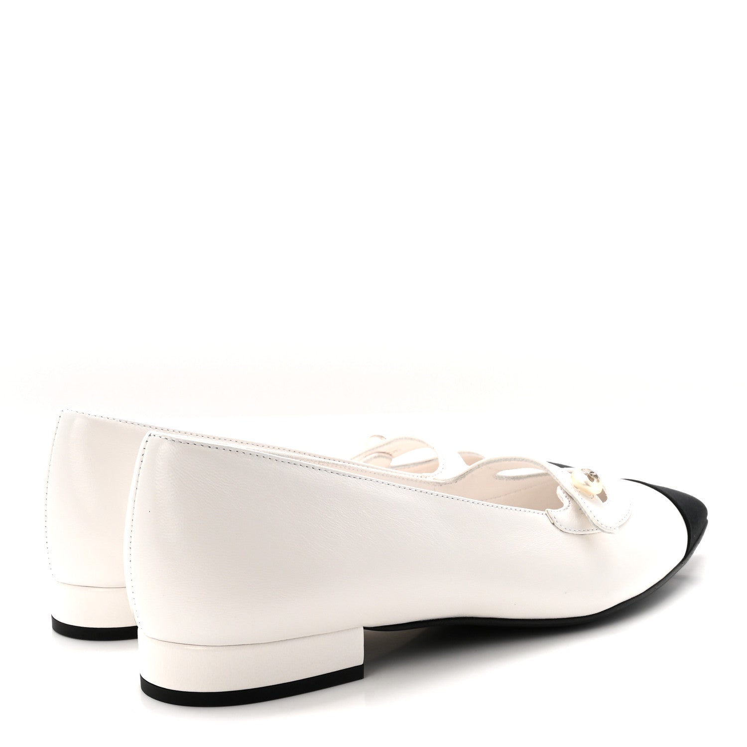 Chanel Shiny Lambskin Grosgrain Pearl Mary Janes Flats 37.5 White Black 5 of 10