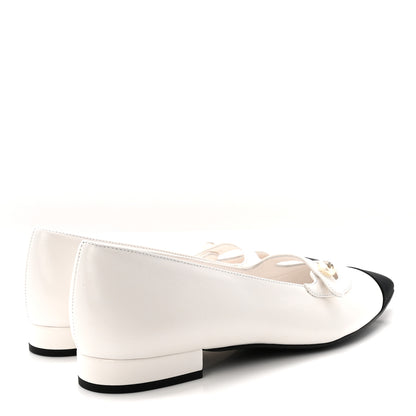 Chanel Shiny Lambskin Grosgrain Pearl Mary Janes Flats 37.5 White Black 5 of 10
