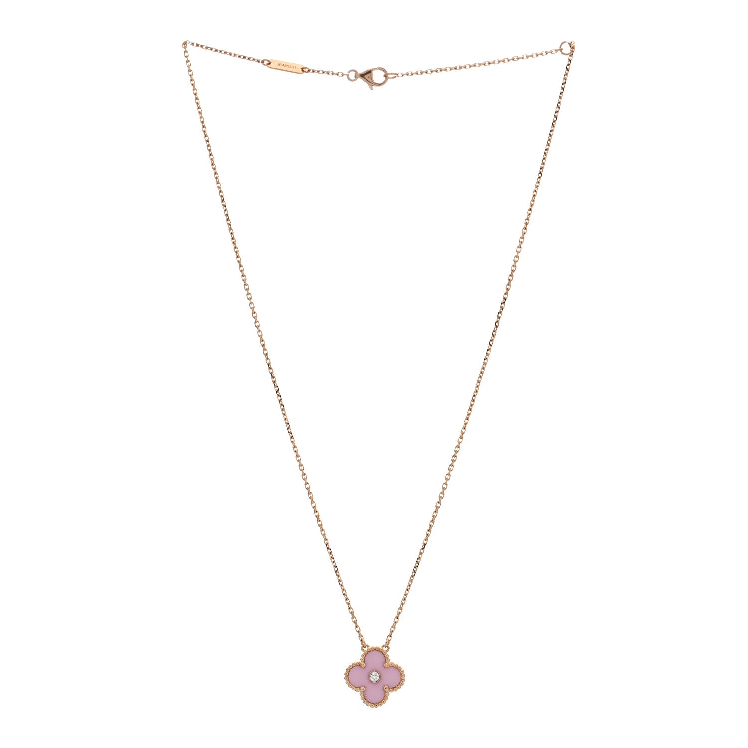 Van Cleef & Arpels 18K Rose Gold Diamond Pink Porcelain Vintage Alhambra Pendant Necklace 3 of 5