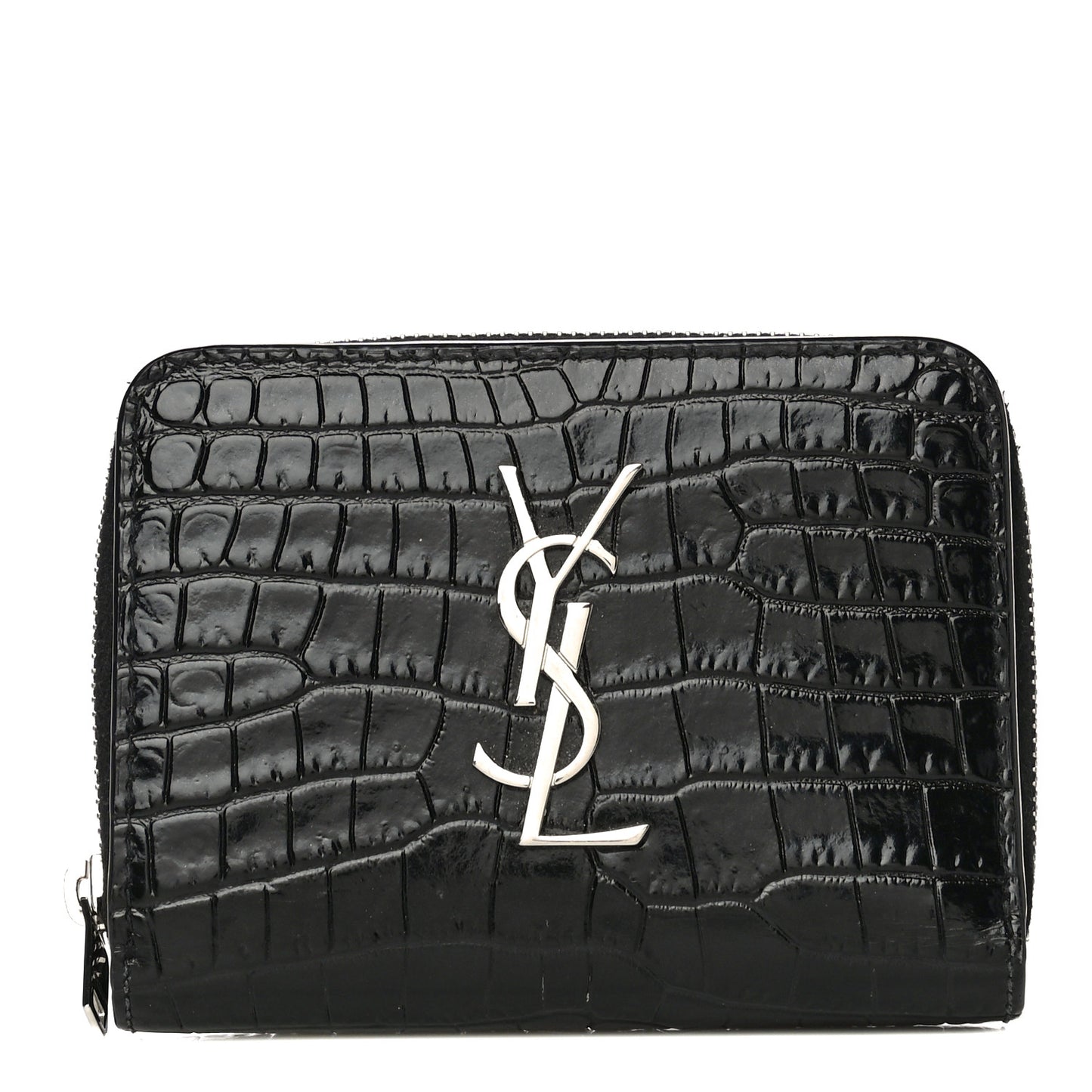 Calfskin Crocodile Embossed Monogram Compact Wallet Black