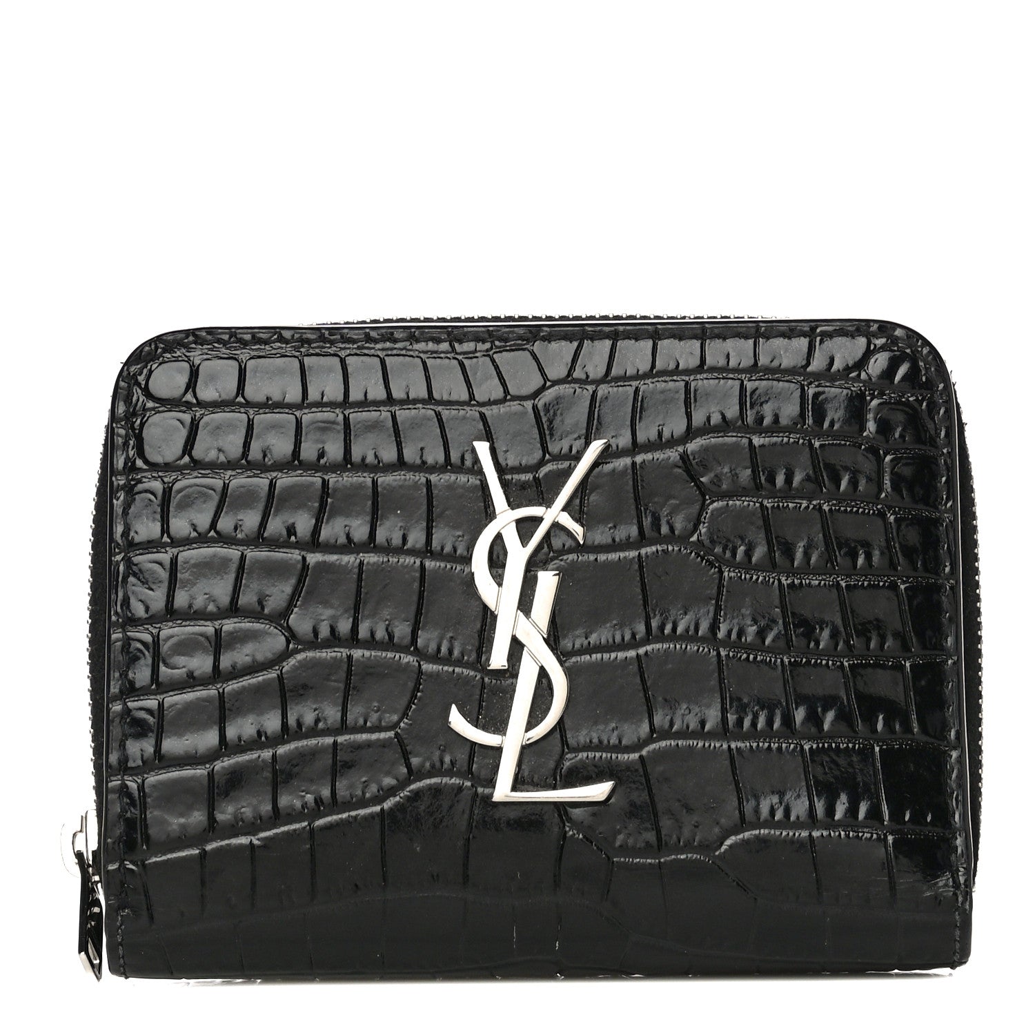 Saint Laurent Calfskin Crocodile Embossed Monogram Compact Wallet Black 1 of 13