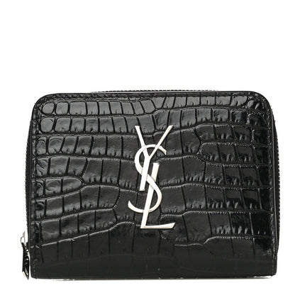 Saint Laurent Calfskin Crocodile Embossed Monogram Compact Wallet Black 1 of 13