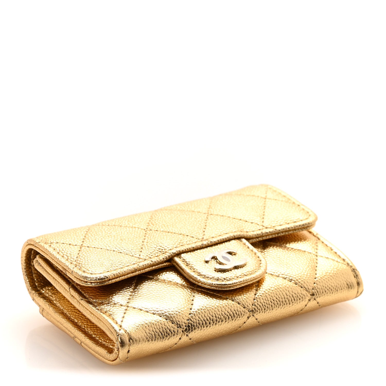 Chanel Metallic Caviar Quilted Flap Card Holder Wallet Gold 4 of 9