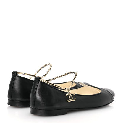 Chanel Lambskin Patent Calfskin Cap Toe Ankle Chain Ballerina Flats 37.5 Black 5 of 17