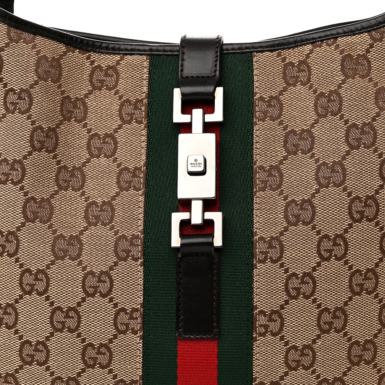 close up image of GUCCI Monogram Web Jackie O Hobo in the color Dark Brown by FASHIONPHILE