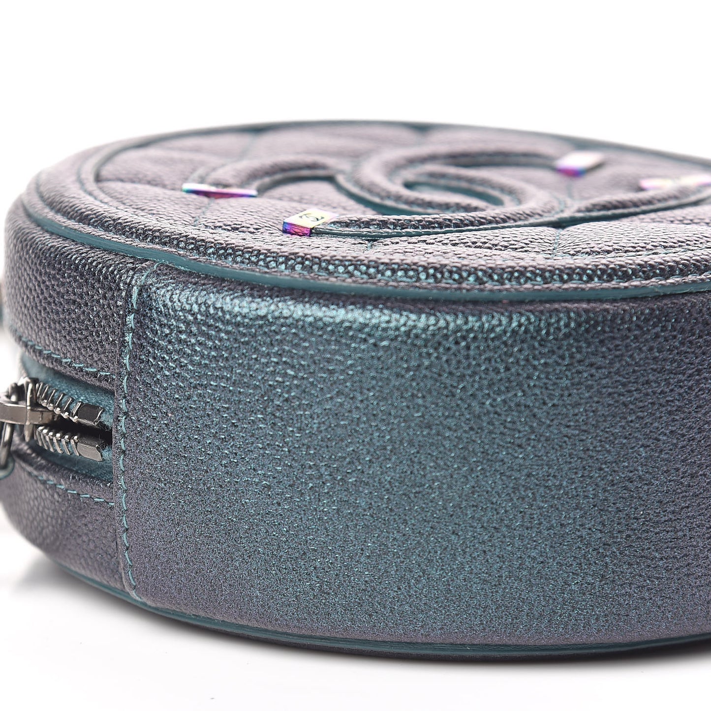 Iridescent Caviar Quilted Round Filigree Crossbody Dark Turquoise