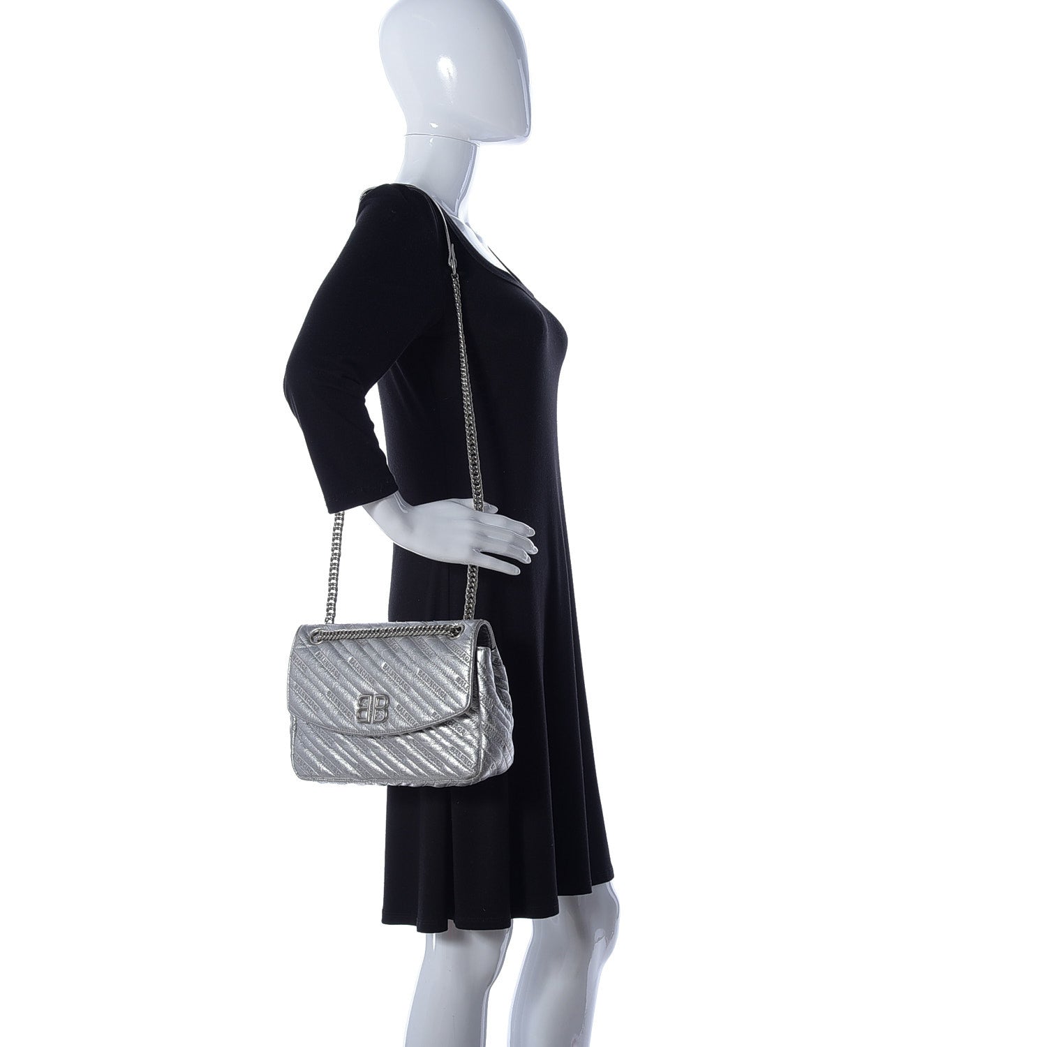 Balenciaga Metallic Arena Calfskin Logo Matelasse M BB Round Shoulder Bag Argent 2 of 8