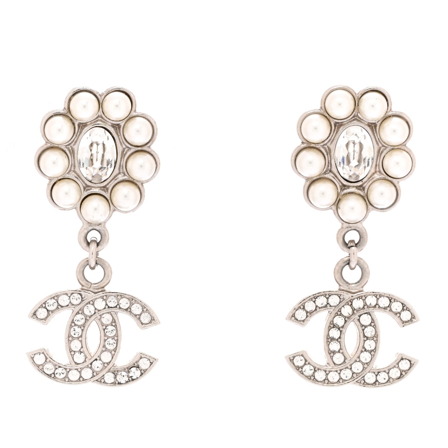 Crystal Pearl Coco Mark CC Drop Earrings Silver