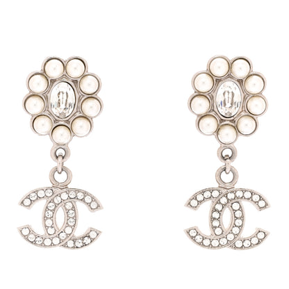 Chanel Crystal Pearl Coco Mark CC Drop Earrings Silver 1 of 5