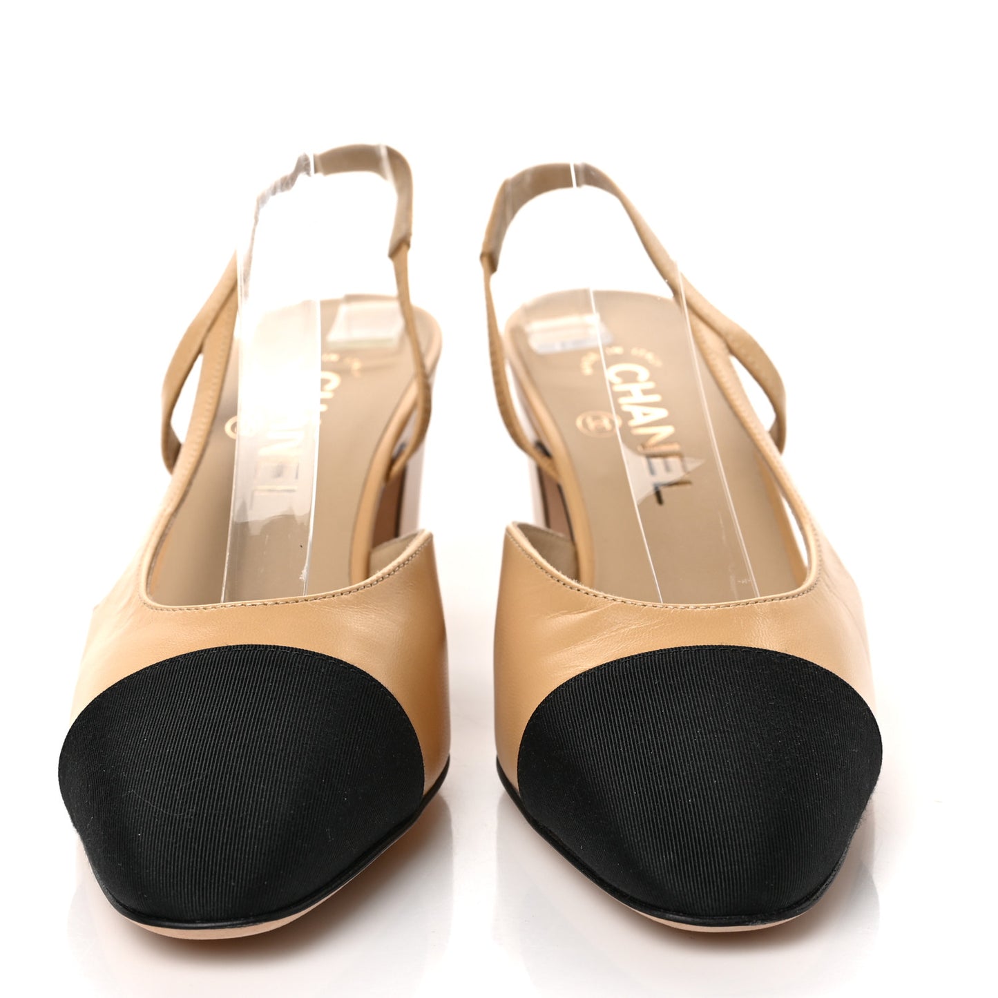 Goatskin Grosgrain Cap Toe CC Slingback Pumps 37.5 Beige Black