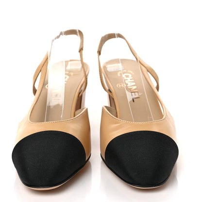 Chanel Goatskin Grosgrain Cap Toe CC Slingback Pumps 37.5 Beige Black 2 of 9
