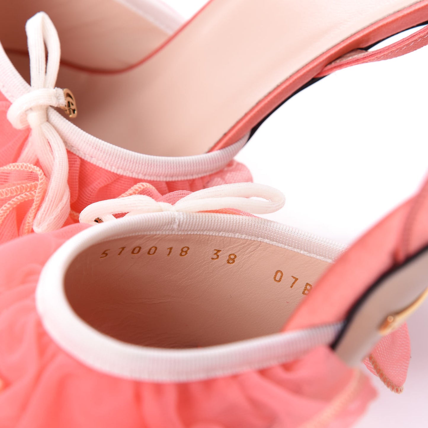Tulle Ruffle Mid Heel Slingback Sandals 38 Peach White