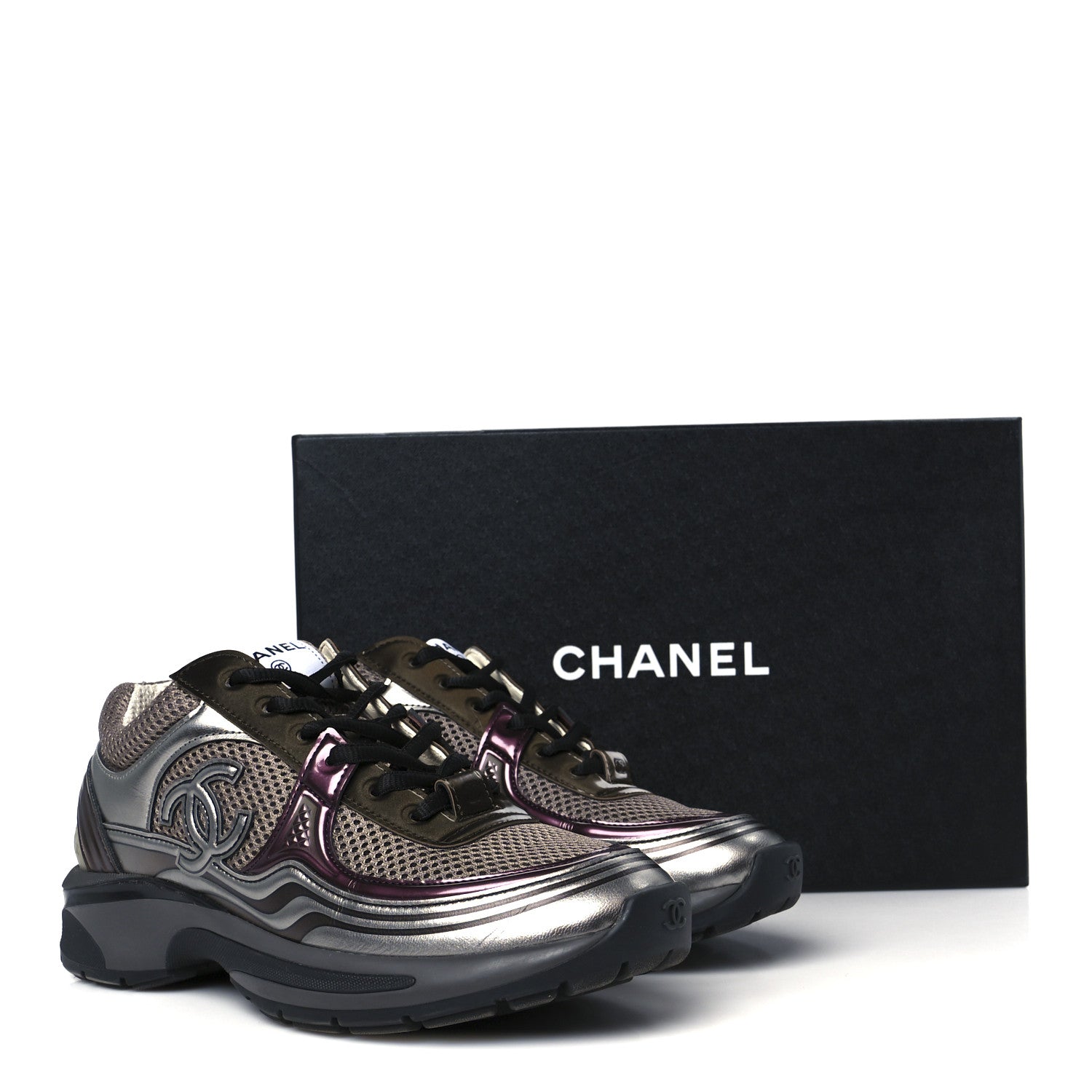 Chanel Fabric Laminated Calfskin Stretch CC Womens Sneakers 37 Khaki Silver Dark Purple 10 of 10