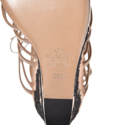 Valentino Garavani Calfskin Lace Applique Wood Wedge Sandals 38.5 Poudre 6 of 9