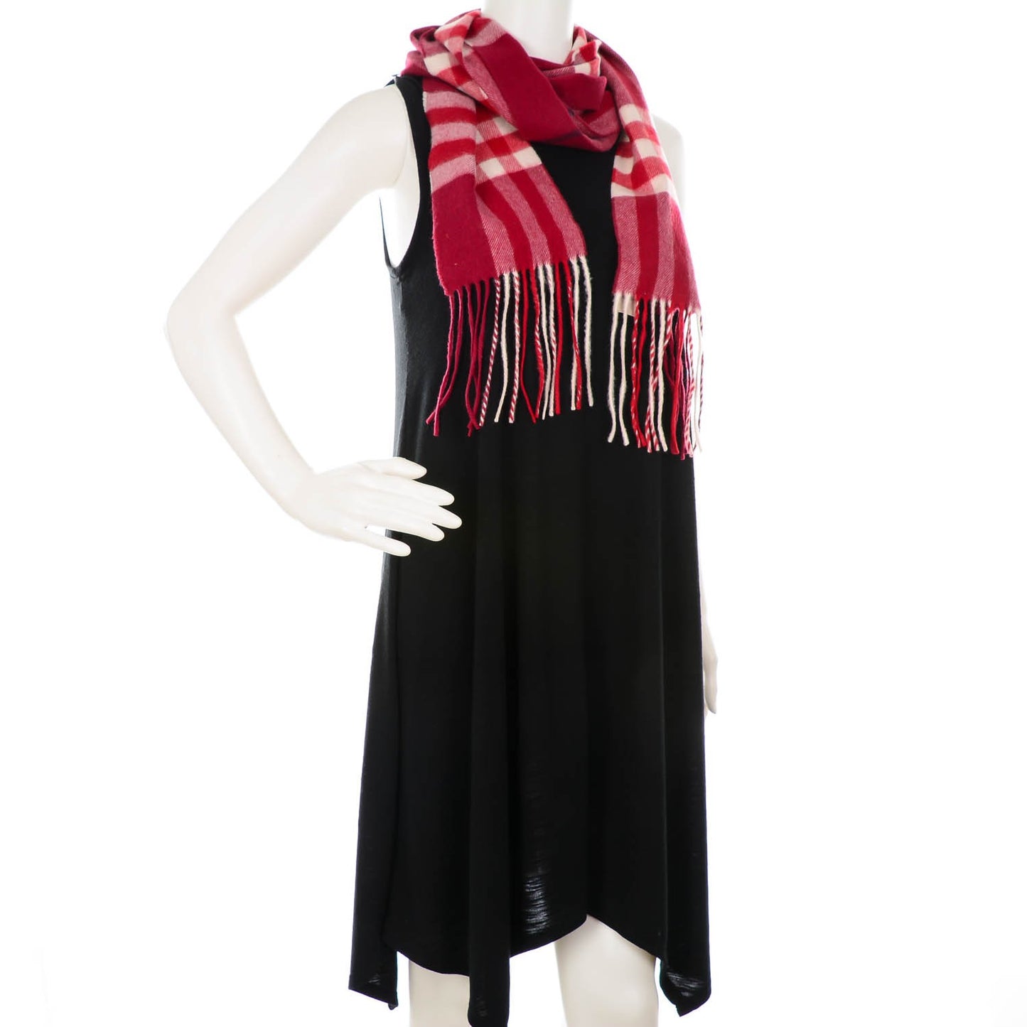 Cashmere Giant Check Fringe Skinny Scarf Red
