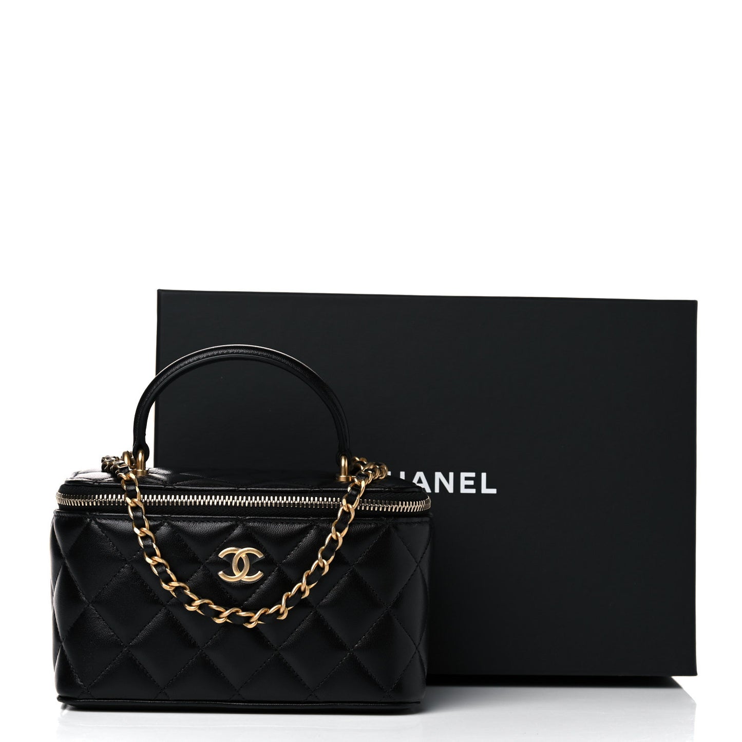 Lambskin Quilted Small Top Handle Vanity Case With Chain Black