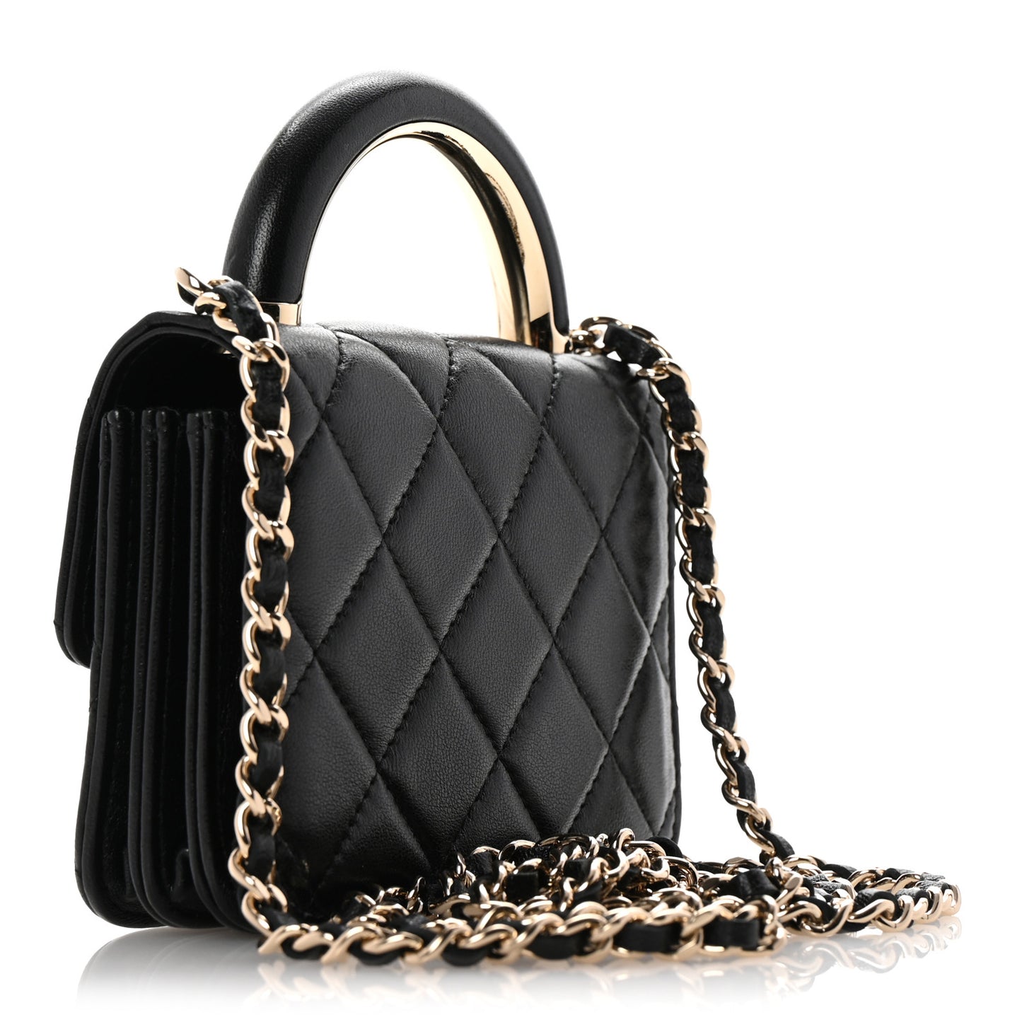 Lambskin Quilted Top Handle Flap Clutch With Chain Black