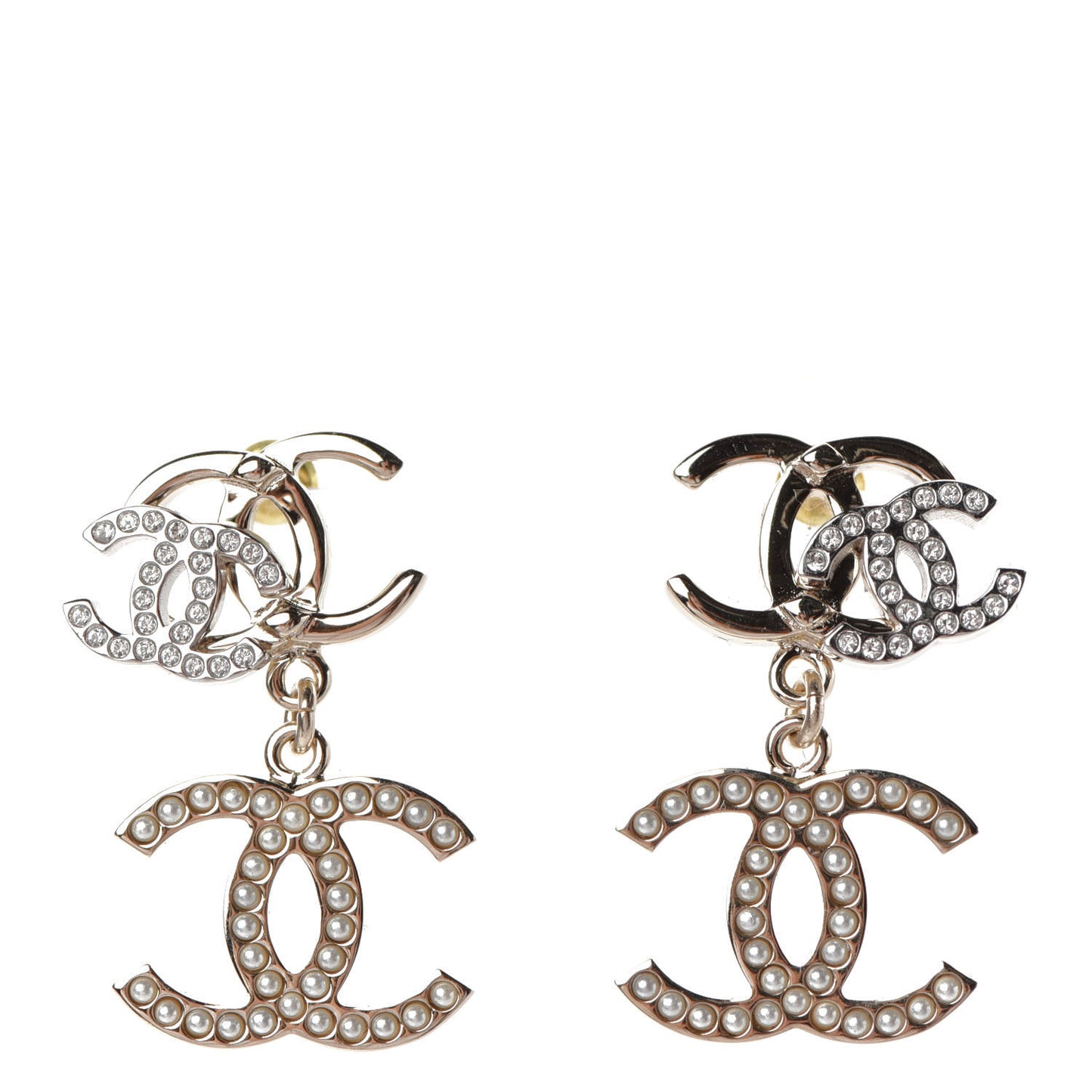Crystal Pearl Double CC Drop Earrings Gold Silver