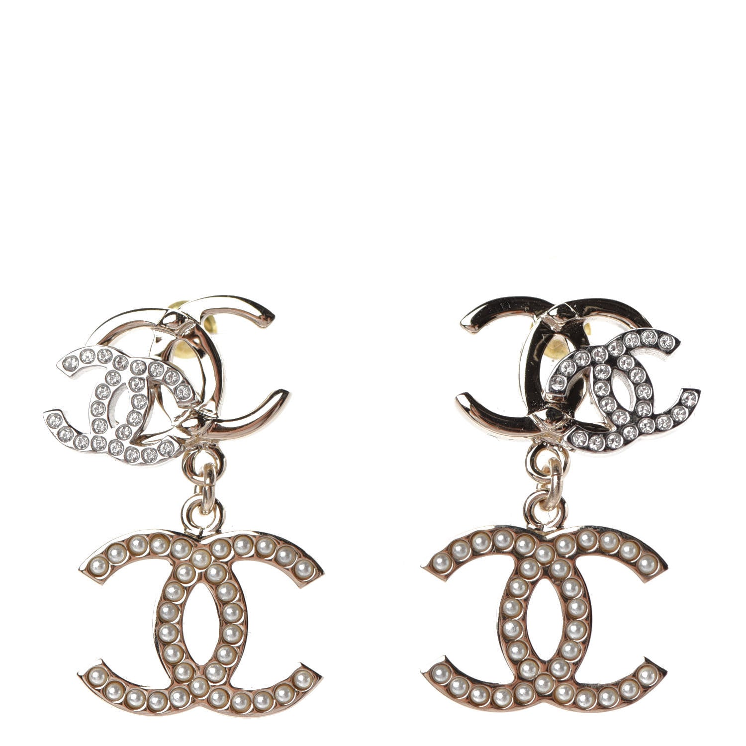 Chanel Crystal Pearl Double CC Drop Earrings Gold Silver 1 of 4