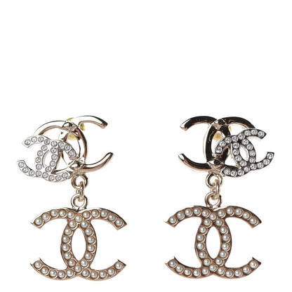 Chanel Crystal Pearl Double CC Drop Earrings Gold Silver 1 of 4