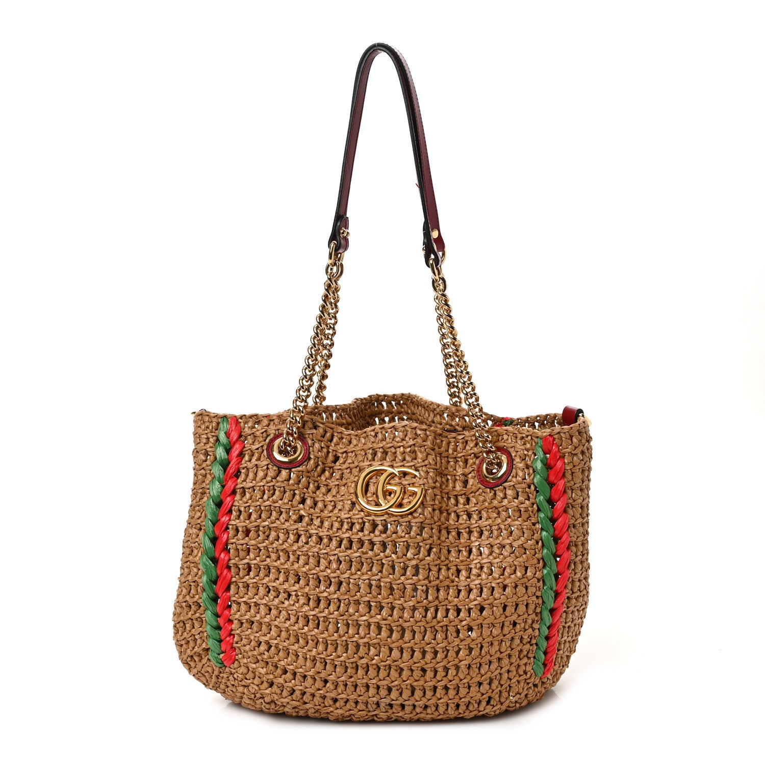 Gucci Raffia Effect Medium GG Marmont Shoulder Tote Bag Natural Red Green 1 of 10