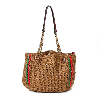 Gucci Raffia Effect Medium GG Marmont Shoulder Tote Bag Natural Red Green 1 of 10