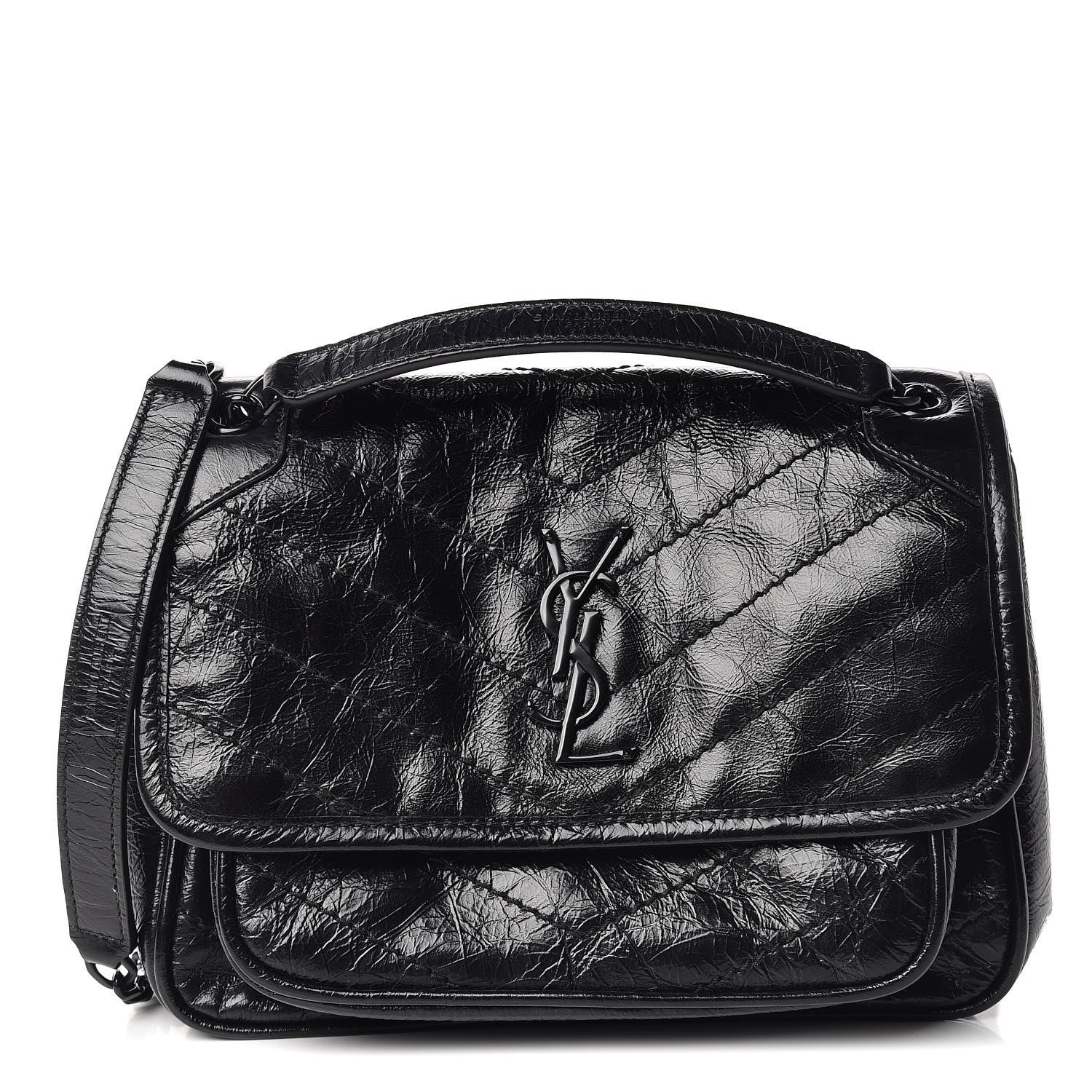 Saint Laurent Crinkled Calfskin Matelasse Monogram Baby Niki Chain Satchel Black 1 of 11