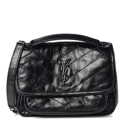 Saint Laurent Crinkled Calfskin Matelasse Monogram Baby Niki Chain Satchel Black 1 of 11