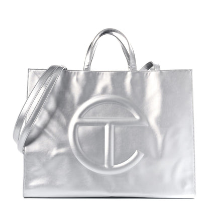 Telfar Metallic Vegan Leather Large Shopping Bag Silver 1 of 10