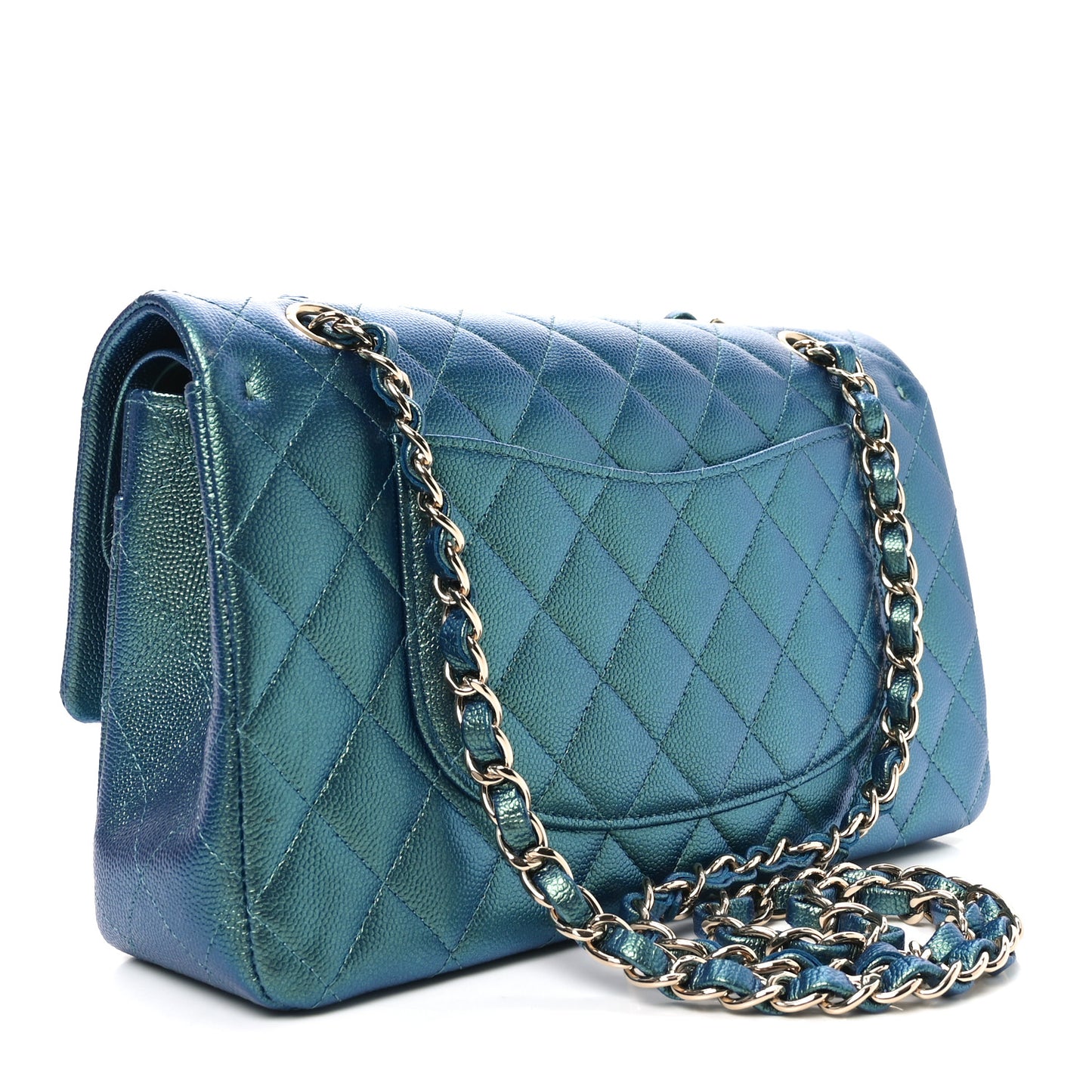 Iridescent Caviar Quilted Medium Double Flap Green