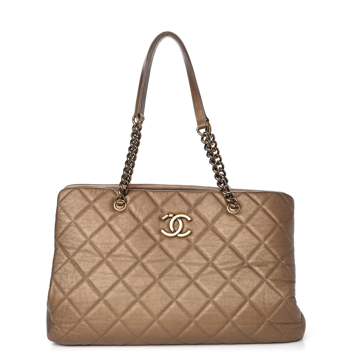 Metallic Calfskin Quilted Large CC Crown Tote Gold