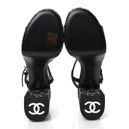 Chanel Grosgrain Strass Logo Platform Sandals 37.5 Black Silver 5 of 9