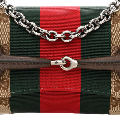 Gucci Monogram Textured Dollar Calfskin Heavy Grosgrain Web Small Maxi Horsebit Chain Shoulder Bag Beige Ebony New Acero 8 of 11