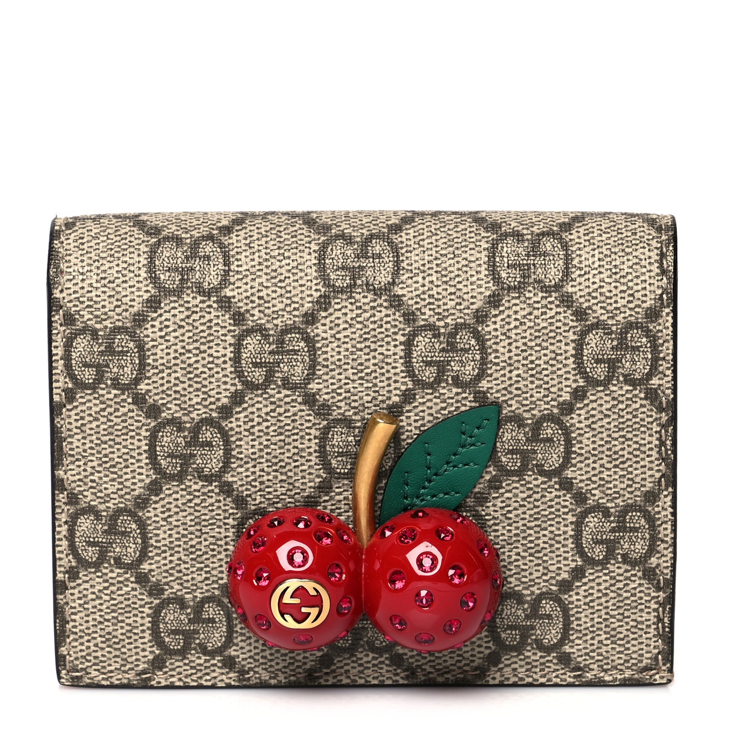 GG Supreme Monogram Cherry Embellished Card Case Wallet Hibiscus Red