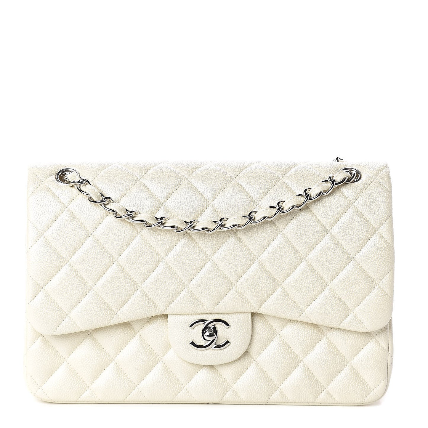 Pearly Caviar Quilted Jumbo Double Flap Dark White
