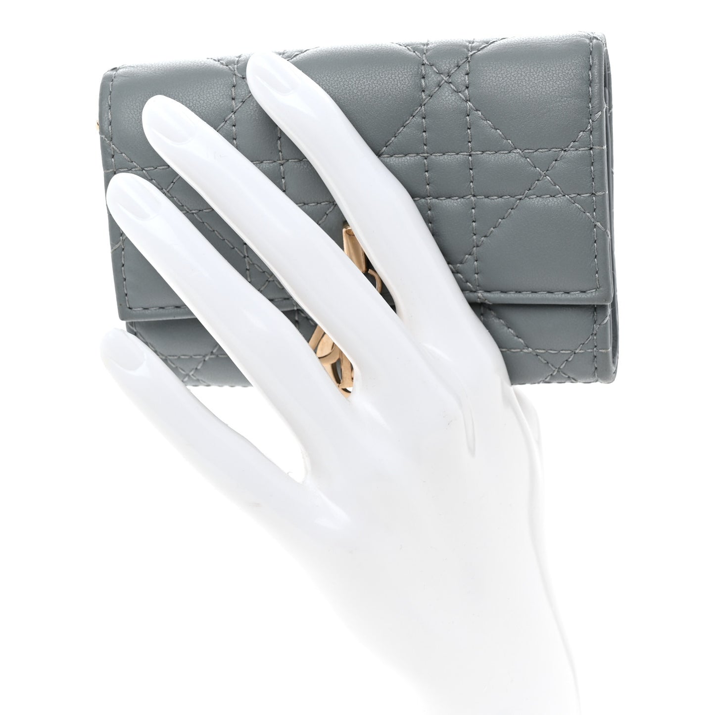 Lambskin Cannage Lady Dior Flap Card Holder Gray