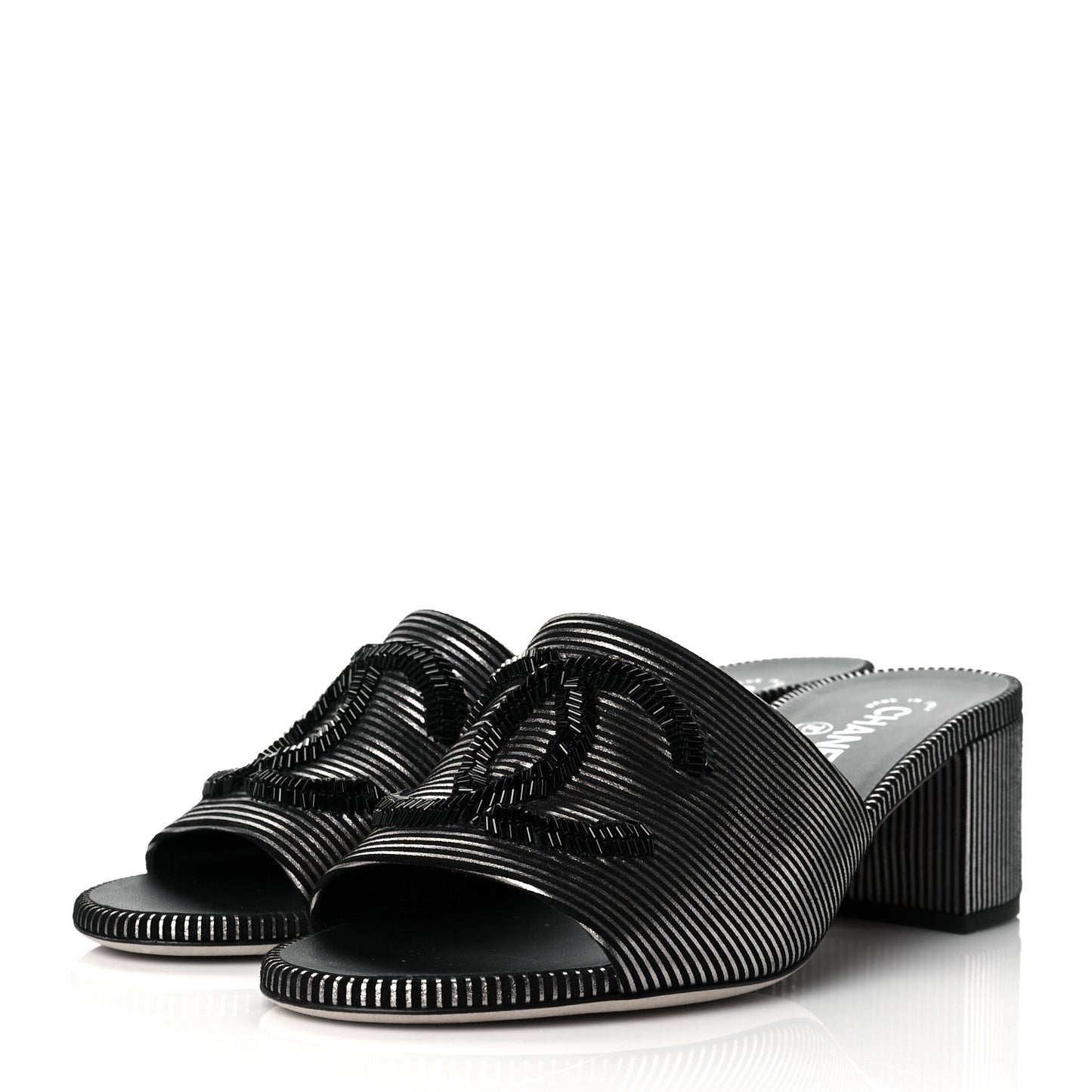 Calfskin Striped Beaded CC Mule Sandals 39 Black