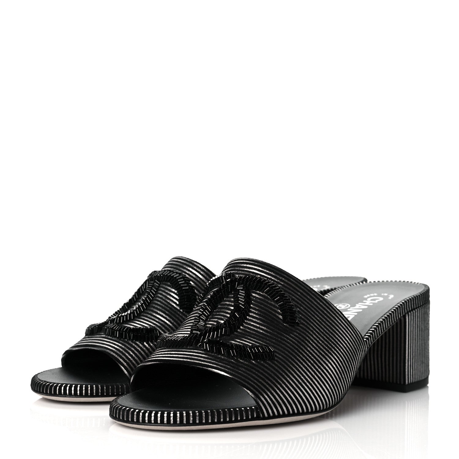 Chanel Calfskin Striped Beaded CC Mule Sandals 39 Black 3 of 11