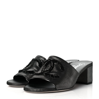Chanel Calfskin Striped Beaded CC Mule Sandals 39 Black 3 of 11