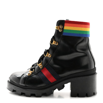 Gucci Calfskin Rainbow Trip Lace Up Combat Boots 36.5 Black 1 of 12