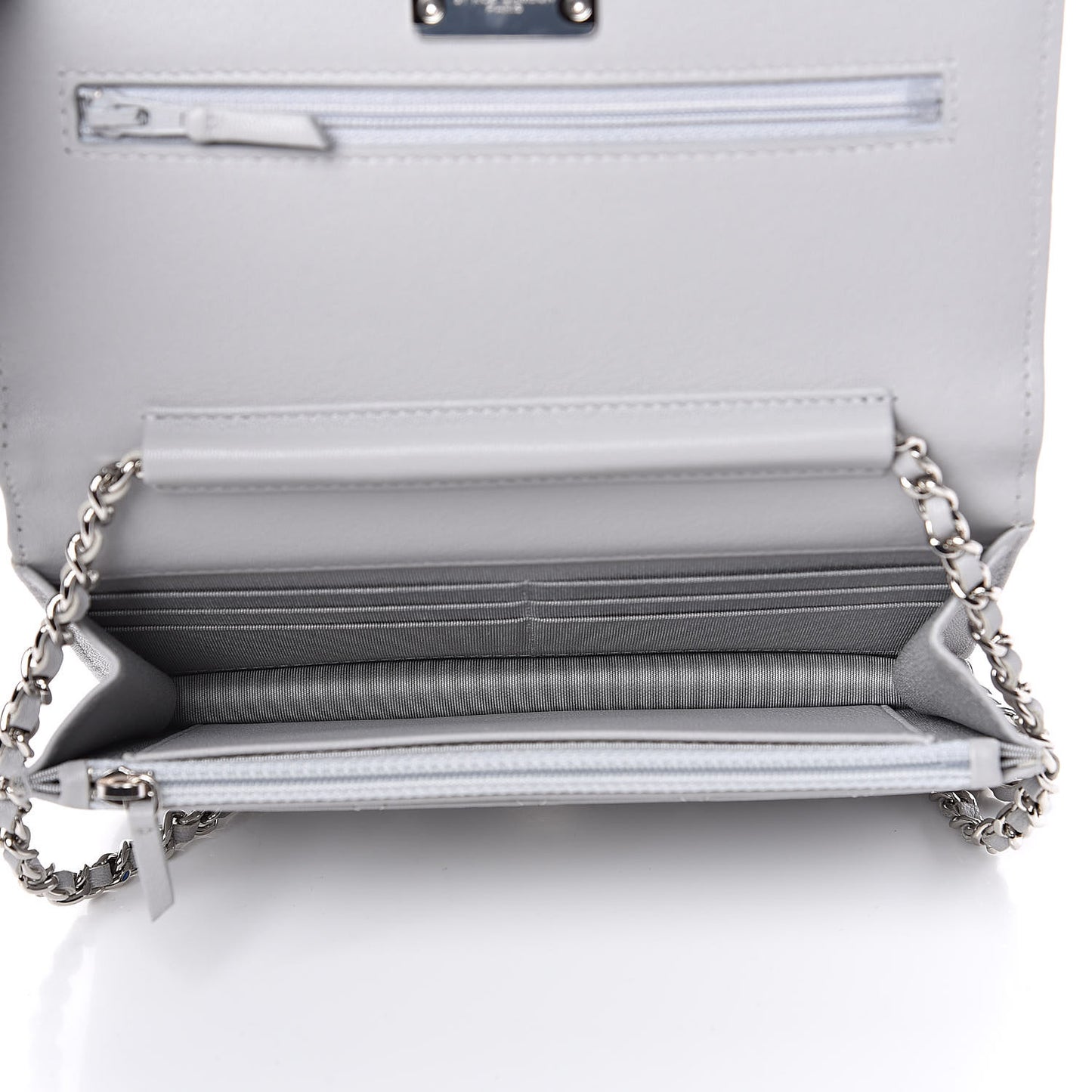 Grained Calfskin Quilted CC Box Wallet On Chain WOC Grey