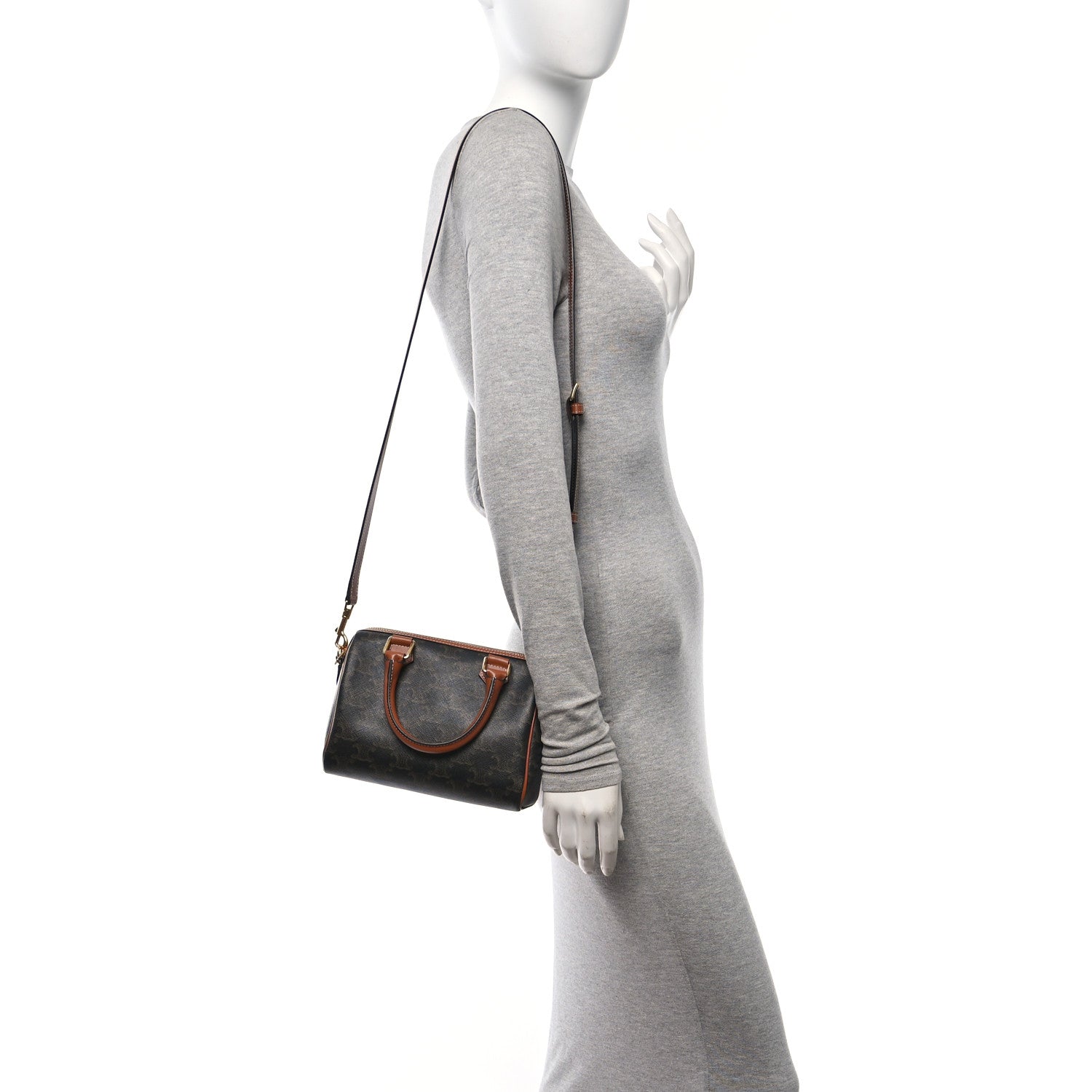 Celine Triomphe Canvas Calfskin Small Boston Bag Tan 2 of 10