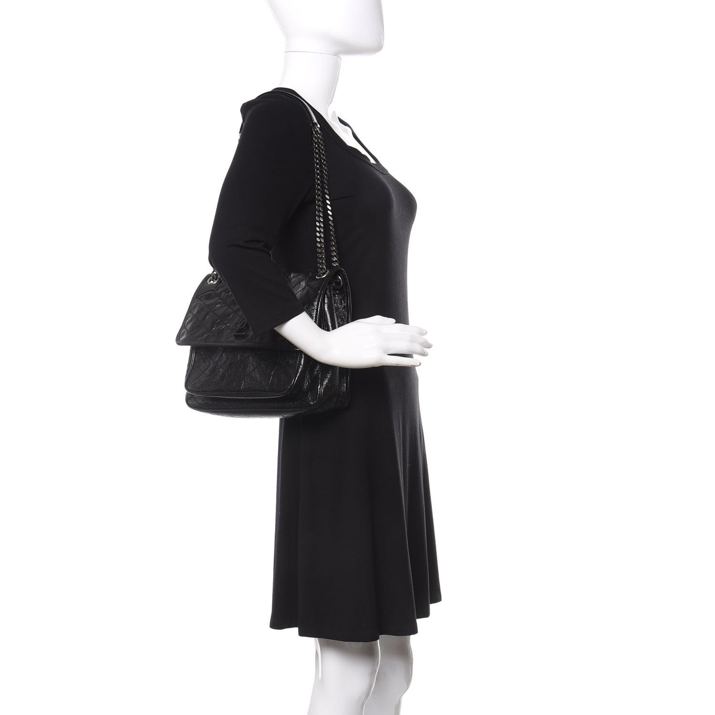 Crinkled Calfskin Matelasse Monogram Medium Niki Chain Satchel Black