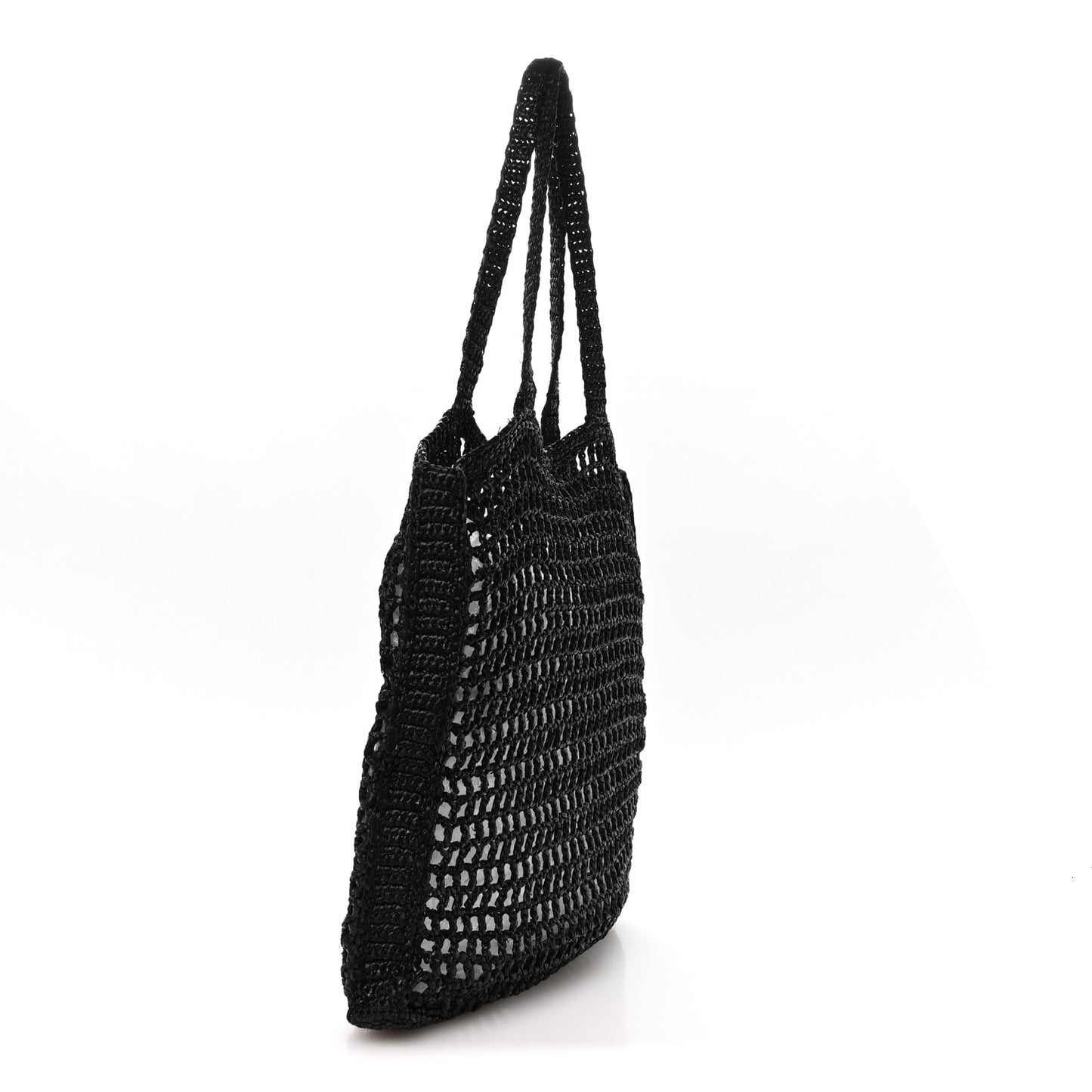 Yarn Raffia Effect Crochet Logo Embroidered Tote Bag Black