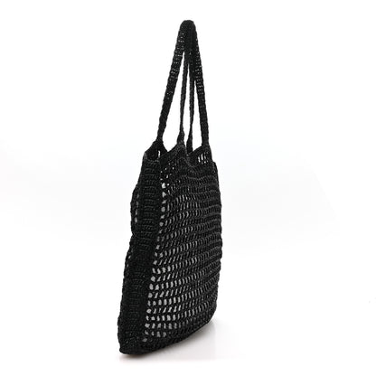 Prada Yarn Raffia Effect Crochet Logo Embroidered Tote Bag Black 3 of 9