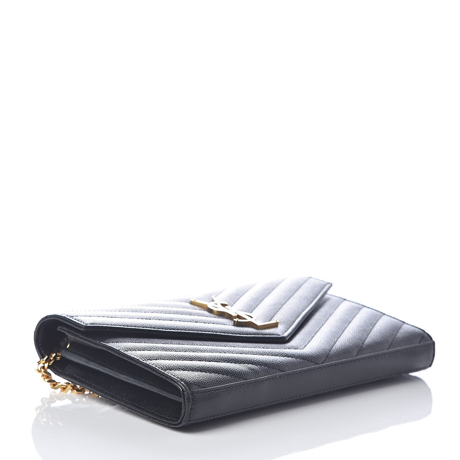 Saint Laurent Grain De Poudre Matelasse Chevron Monogram Chain Wallet Black 4 of 9