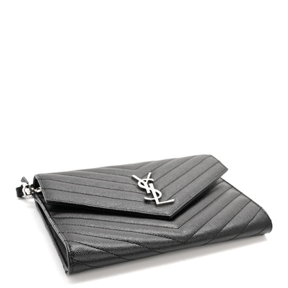 Saint Laurent Grain De Poudre Matelasse Chevron Monogram Envelope Clutch Black 2 of 8