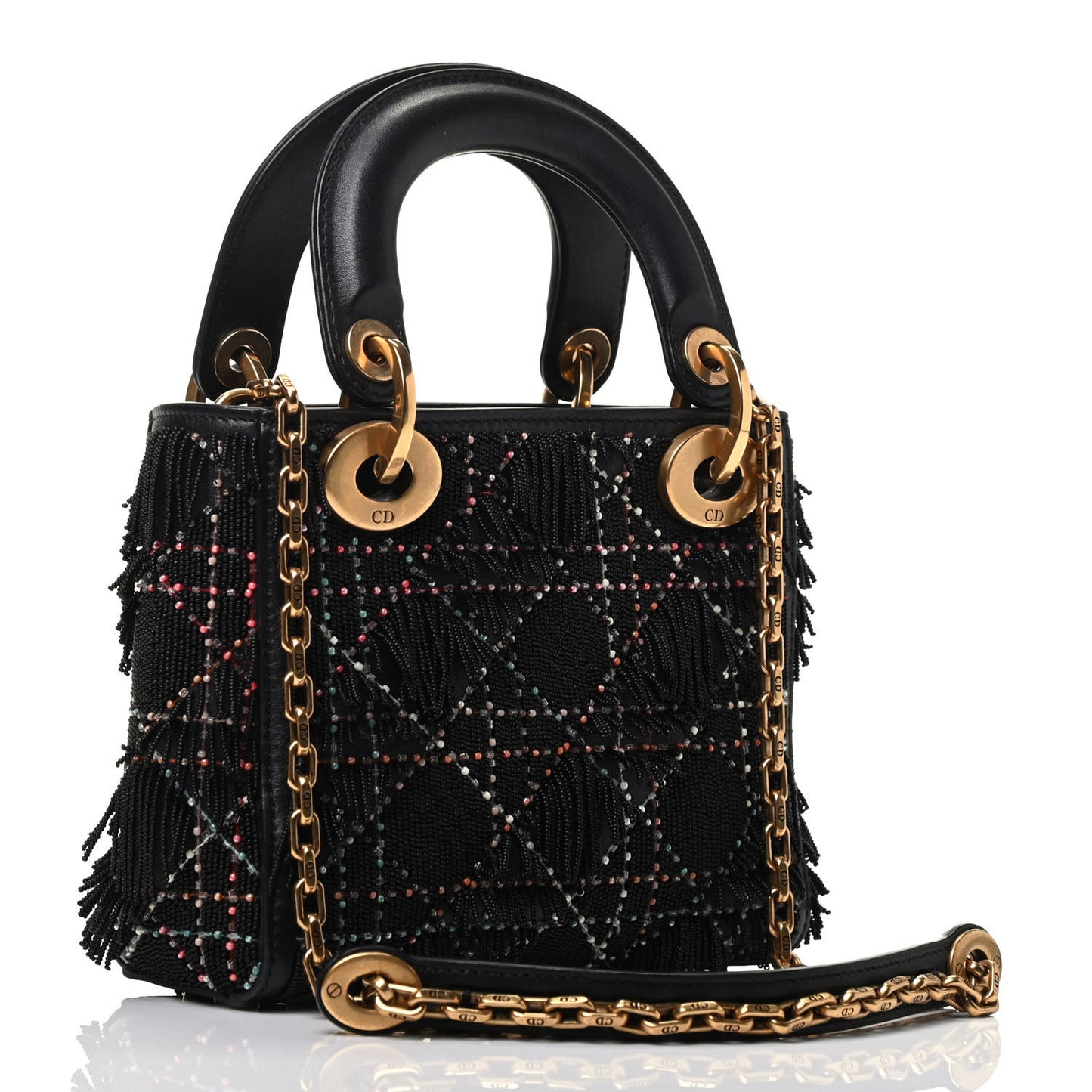 Lambskin Beaded Fringe Mini Lady Dior Black Multicolor