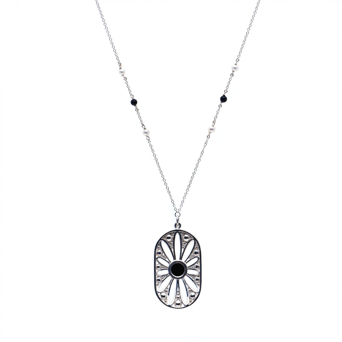 Sterling Silver Black Onyx Pearl Ziegfeld Daisy Pendant Necklace