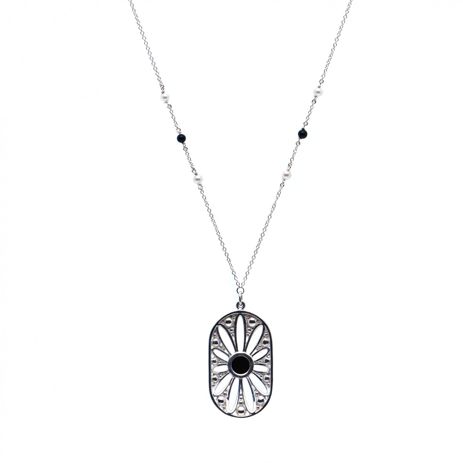 Tiffany Sterling Silver Black Onyx Pearl Ziegfeld Daisy Pendant Necklace 3 of 7